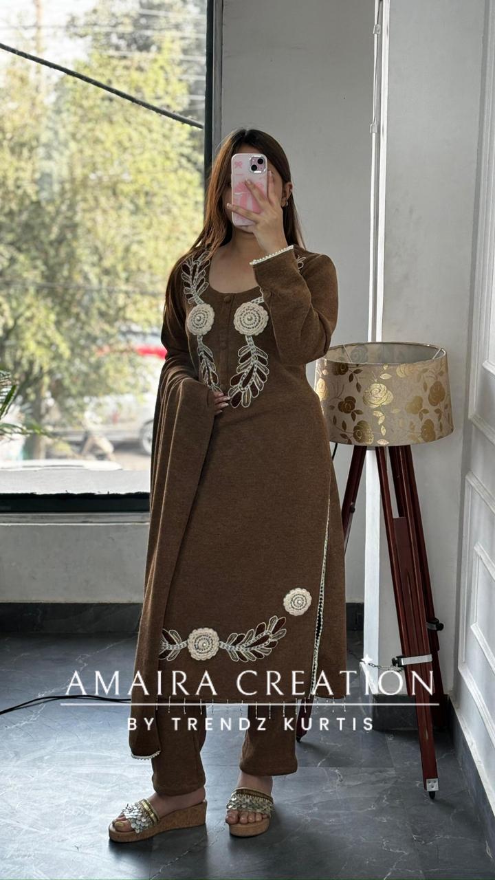 Premium Woolen Brown Colour Beautiful Thread Embroidered Set