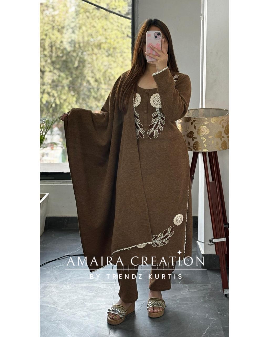 Premium Woolen Brown Colour Beautiful Thread Embroidered Set