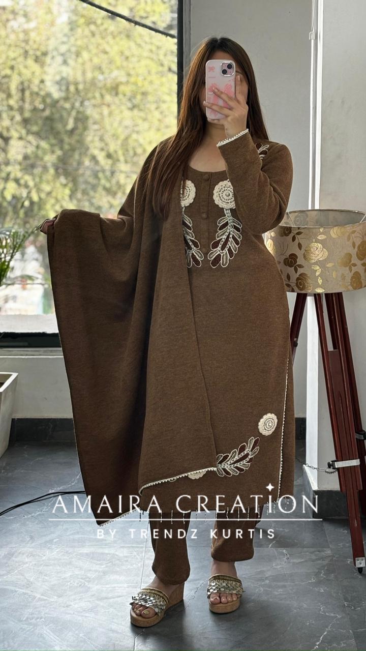 Premium Woolen Brown Colour Beautiful Thread Embroidered Set