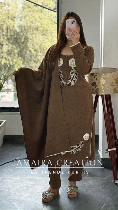 Premium Woolen Brown Colour Beautiful Thread Embroidered Set