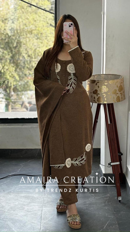 Premium Woolen Brown Colour Beautiful Thread Embroidered Set