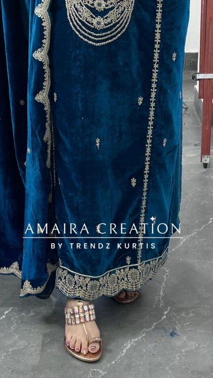 Teal Blue Premium Velvet Unstitched Suit With Beautiful Work