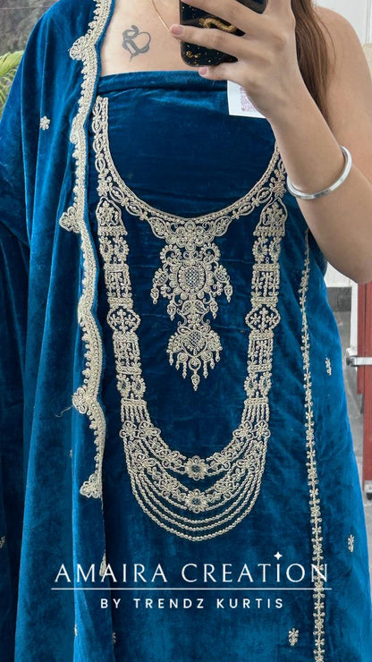 Teal Blue Premium Velvet Unstitched Suit With Beautiful Work