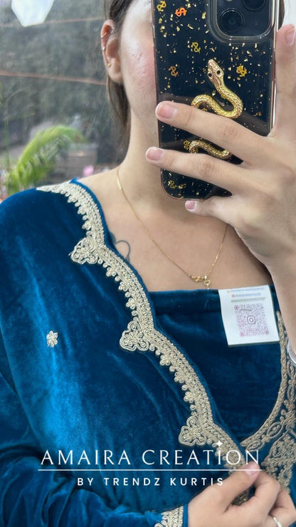 Teal Blue Premium Velvet Unstitched Suit With Beautiful Work