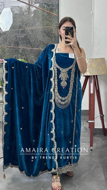 Teal Blue Premium Velvet Unstitched Suit With Beautiful Work