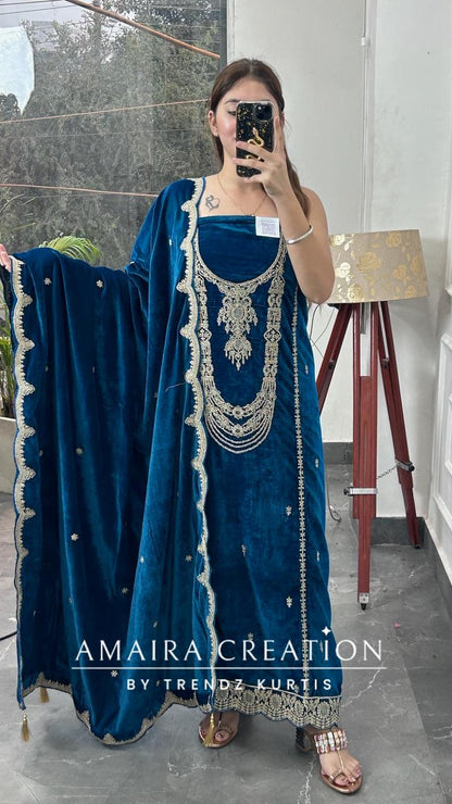Teal Blue Premium Velvet Unstitched Suit With Beautiful Work