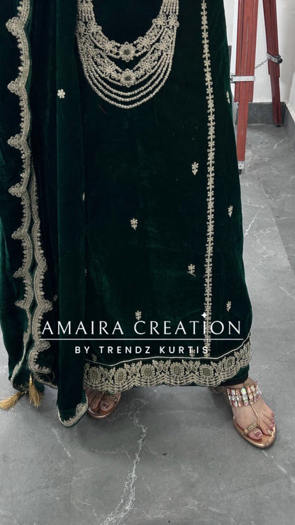 Bolte Green Premium Velvet Unstitched Suit With Beautiful Work