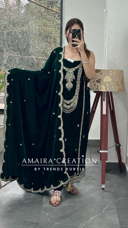 Bolte Green Premium Velvet Unstitched Suit With Beautiful Work