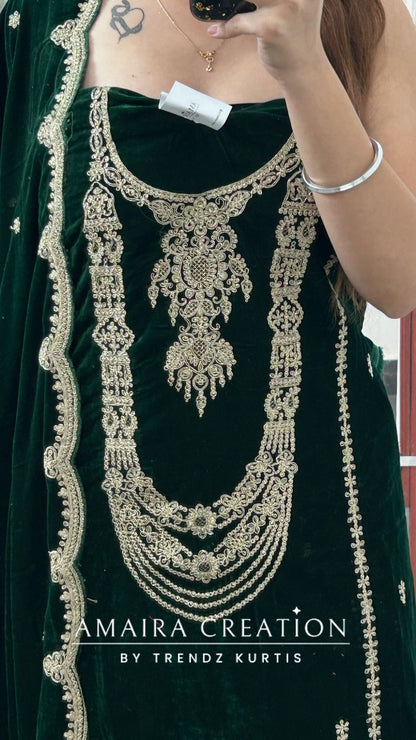 Bolte Green Premium Velvet Unstitched Suit With Beautiful Work