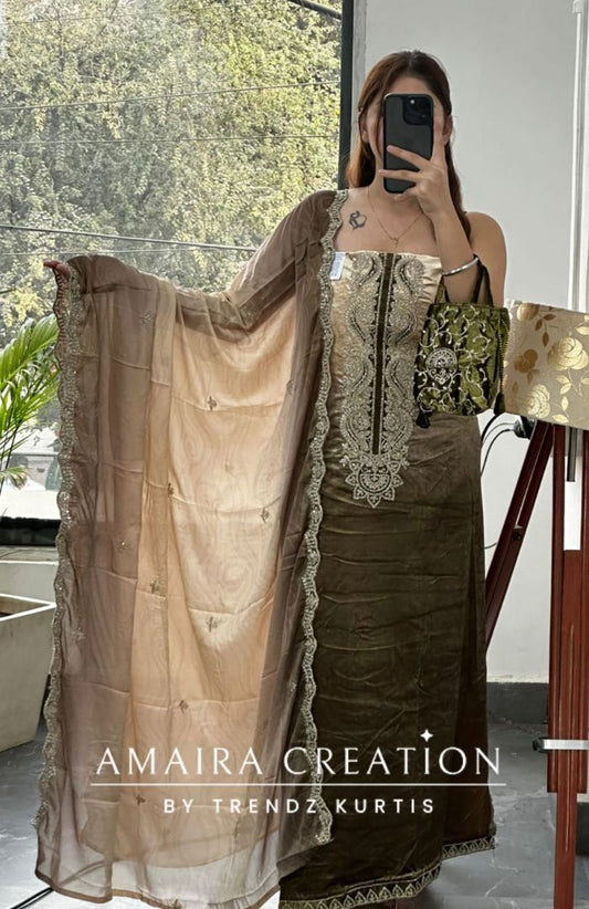 Premium Ice Velvet Mehendi Green Ombre Unstitched Suits