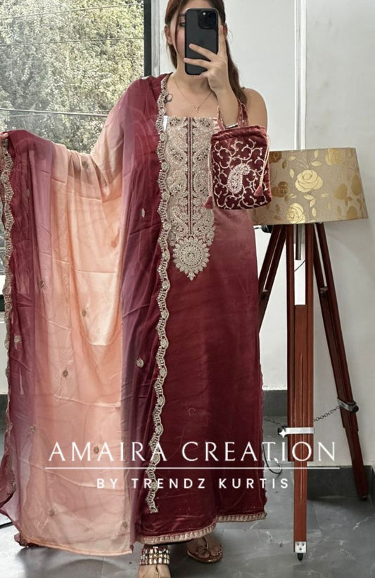 Premium Ice Velvet Rust Ombre Unstitched Suits