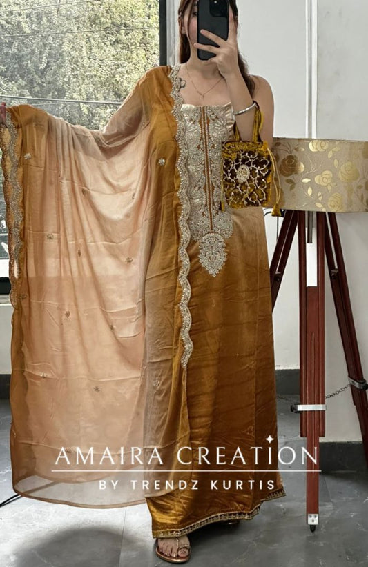 Premium Ice Velvet Mustard Ombre Unstitched Suit