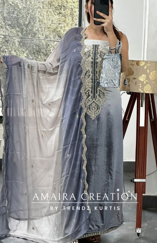 Premium Ice Velvet Grey Ombre Unstitched Suit
