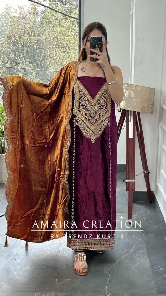 Premium Wine Velevt Zari Work Unstitched Suit With Contrast Dupaata (Shawl)