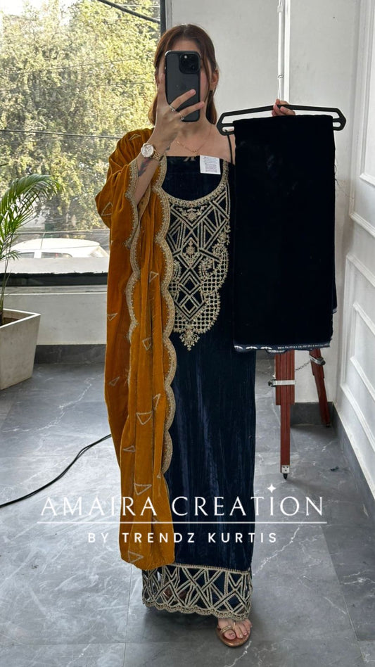 Premium Navy Blue Crush Velvet Zari Work Unstitched Suits With Contrast Dupatta