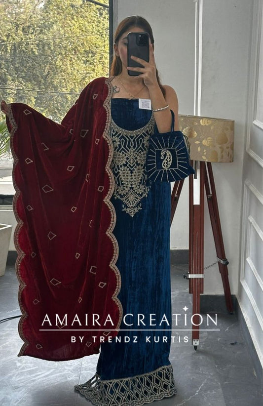 Premium Peacock Blue Crush Velvet Zari Work Unstitched Suits With Contrast Dupatta