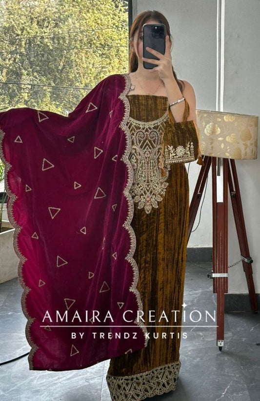 Premium Golden Brown Crush Velvet Zari Work Unstitched Suits With Contrast Dupatta