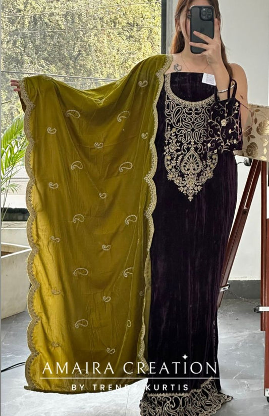 Premium Wine Crush Velvet Zari Work Unstitched Suits With Contrast Dupatta