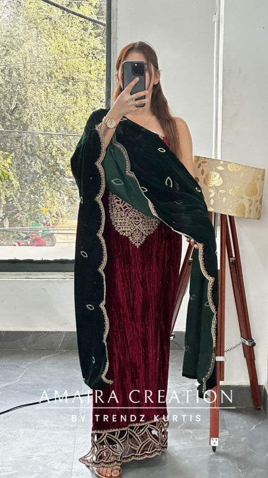 Premium Marron Crush Velvet Zari Work Unstitched Suits With Contrast Dupatta