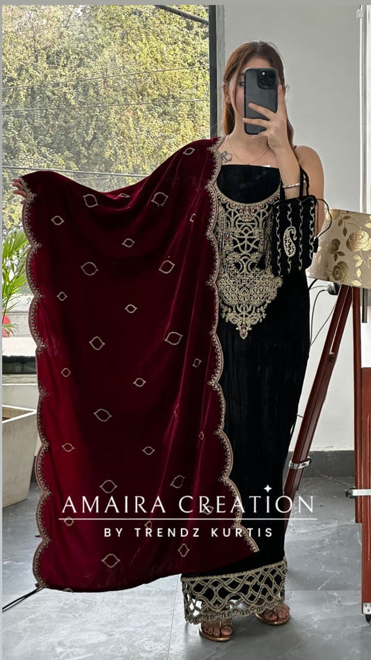 Premium Black Crush Velvet Zari Work Unstitched Suits With Contrast Dupatta