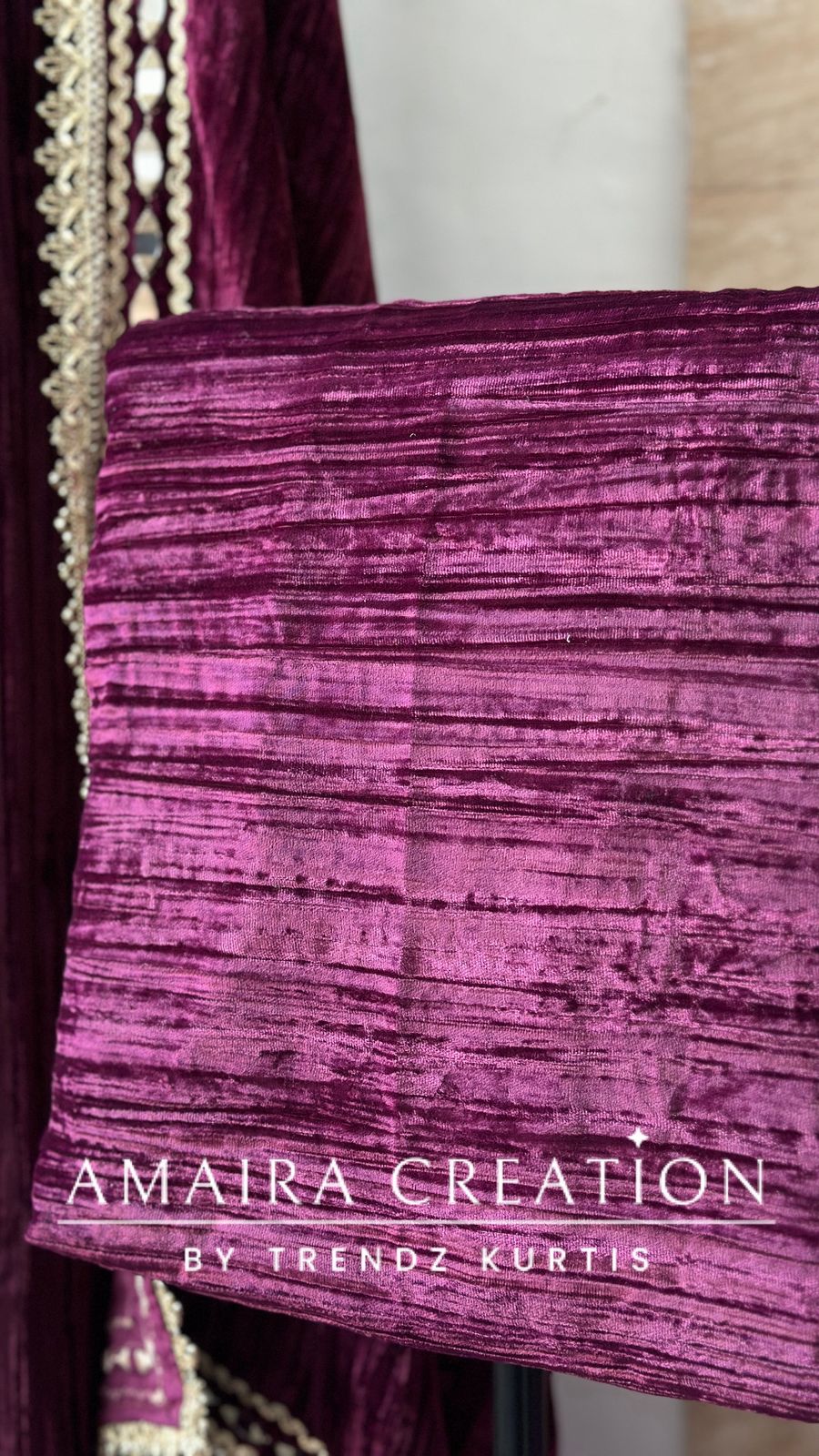 Premium Wine Crush Velvet Original Mirror & Zari Unstitch Set