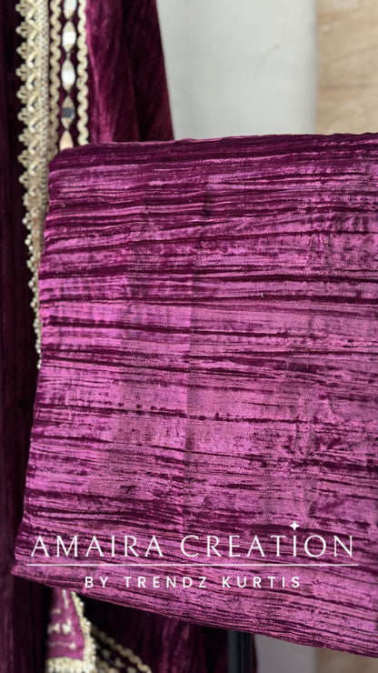 Premium Wine Crush Velvet Original Mirror & Zari Unstitch Set