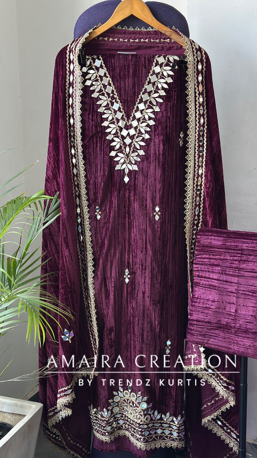 Premium Wine Crush Velvet Original Mirror & Zari Unstitch Set