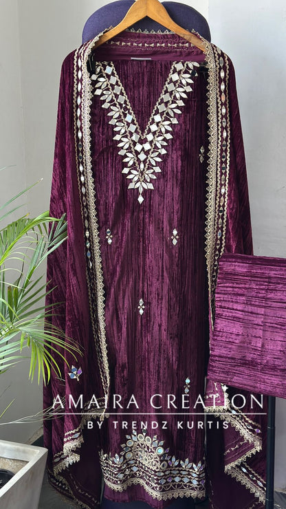 Premium Wine Crush Velvet Original Mirror & Zari Unstitch Set