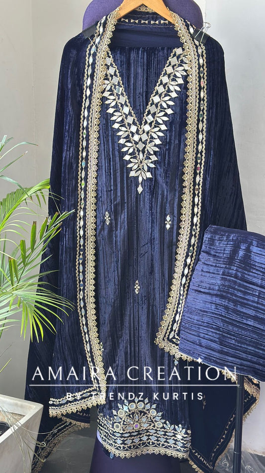 Premium Navy Blue Crush Velvet Original Mirror & Zari Unstitch Set