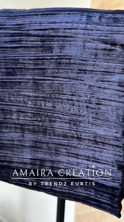 Premium Navy Blue Crush Velvet Original Mirror & Zari Unstitch Set