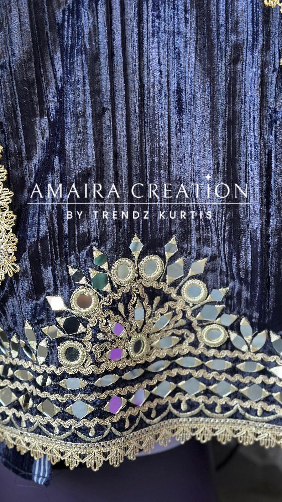 Premium Navy Blue Crush Velvet Original Mirror & Zari Unstitch Set