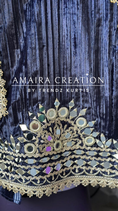 Premium Navy Blue Crush Velvet Original Mirror & Zari Unstitch Set