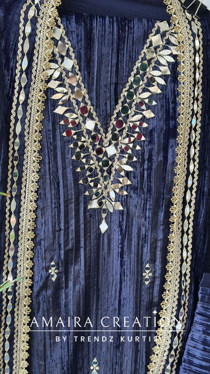 Premium Navy Blue Crush Velvet Original Mirror & Zari Unstitch Set