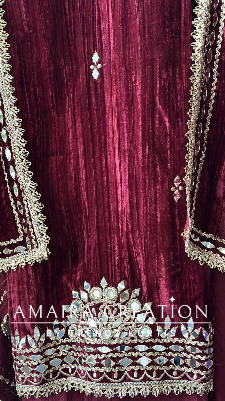 Premium Mehroon Crush Velvet Original Mirror & Zari Unstitch Set