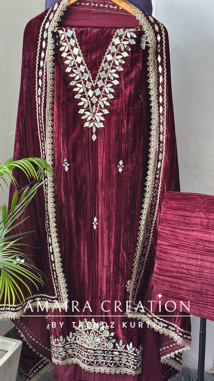 Premium Mehroon Crush Velvet Original Mirror & Zari Unstitch Set