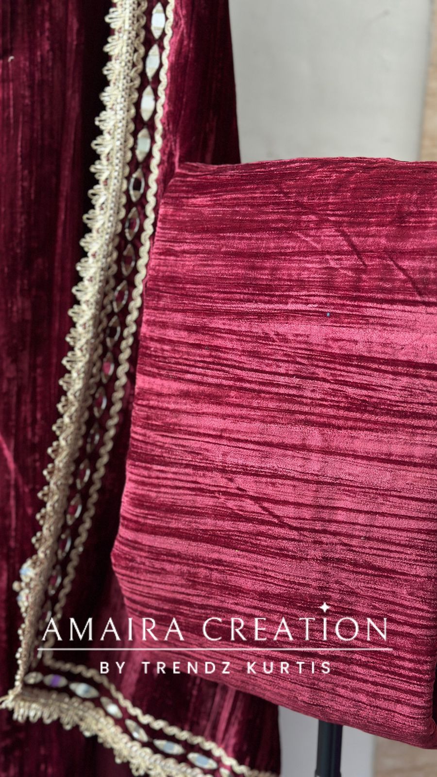 Premium Mehroon Crush Velvet Original Mirror & Zari Unstitch Set