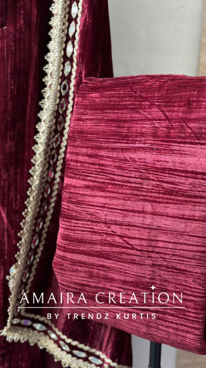 Premium Mehroon Crush Velvet Original Mirror & Zari Unstitch Set