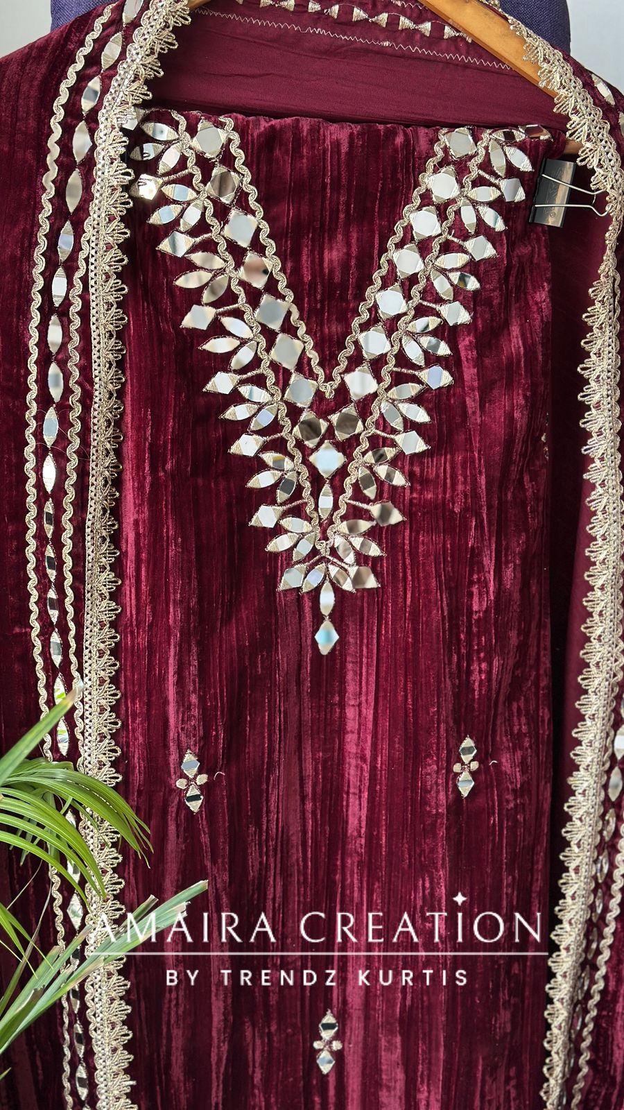 Premium Mehroon Crush Velvet Original Mirror & Zari Unstitch Set