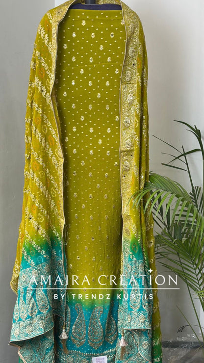 Premium Chinnon Firozi Parrot Green Colour Unstitch Suit With Beautiful Dupatta