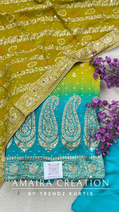 Premium Chinnon Firozi Parrot Green Colour Unstitch Suit With Beautiful Dupatta