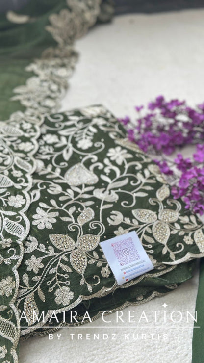 Premium Glass Tissue Green Zari Work Unstitched Set