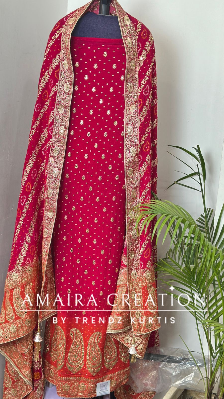 Premium Chinnon Pink Orange Unstitch Suit With Beautiful Bandhej Dupatta