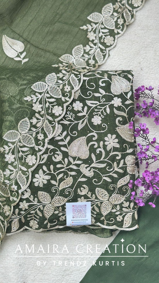Premium Glass Tissue Green Zari Work Unstitched Set