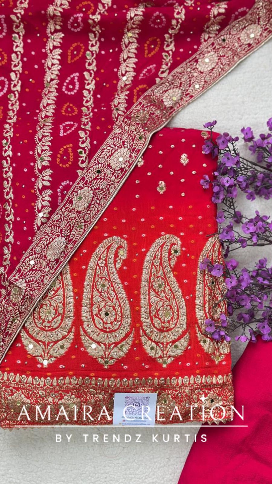 Premium Chinnon Pink Orange Unstitch Suit With Beautiful Bandhej Dupatta