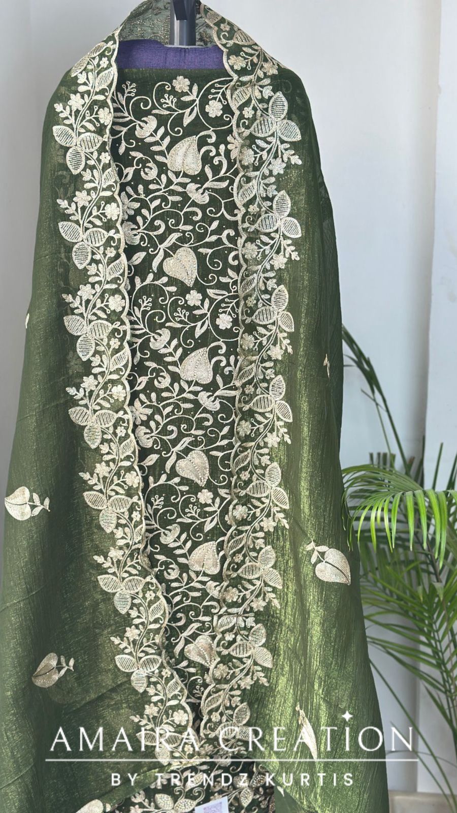 Premium Glass Tissue Green Zari Work Unstitched Set