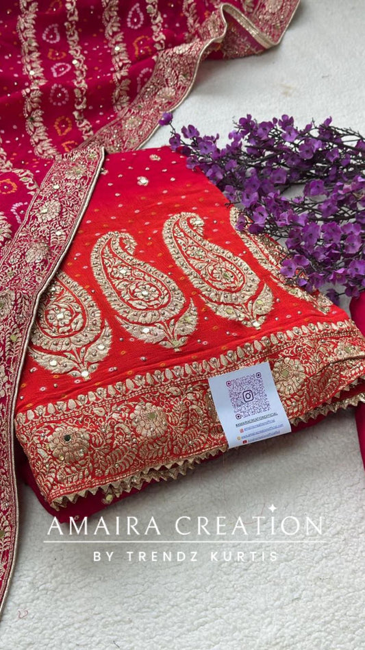 Premium Chinnon Pink Orange Unstitch Suit With Beautiful Bandhej Dupatta