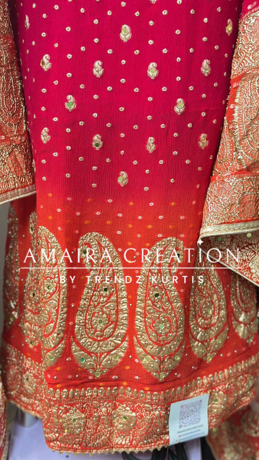 Premium Chinnon Pink Orange Unstitch Suit With Beautiful Bandhej Dupatta