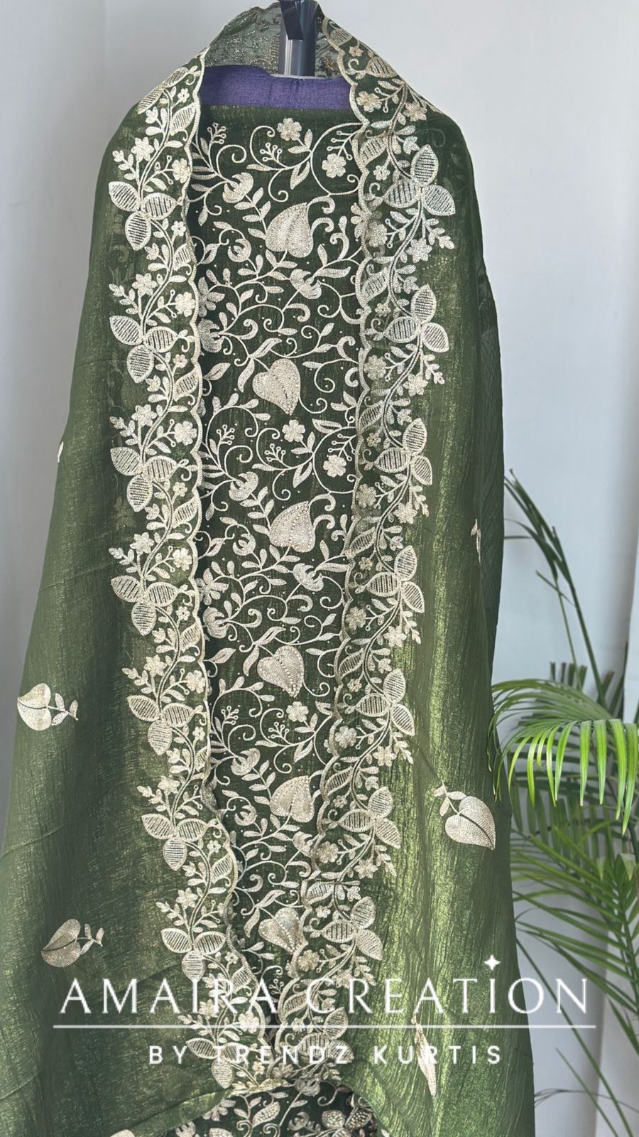 Premium Glass Tissue Green Zari Work Unstitched Set