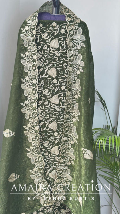 Premium Glass Tissue Green Zari Work Unstitched Set
