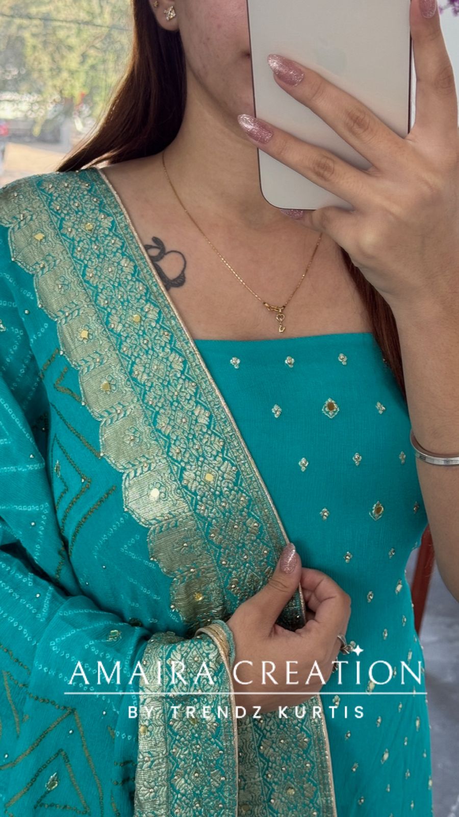 Premium Chinnon firozi Colour Unstitched Suit With Dual Shade Bandhni Chinnon Fabric Dupatta